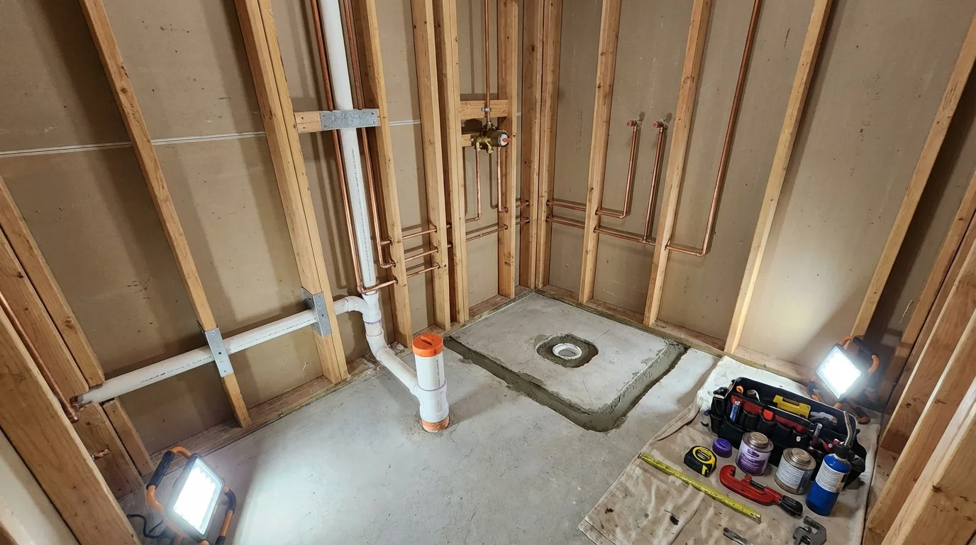 Bathroom rough-in plumbing during remodel by Johns Plumbing LLC in West Milford