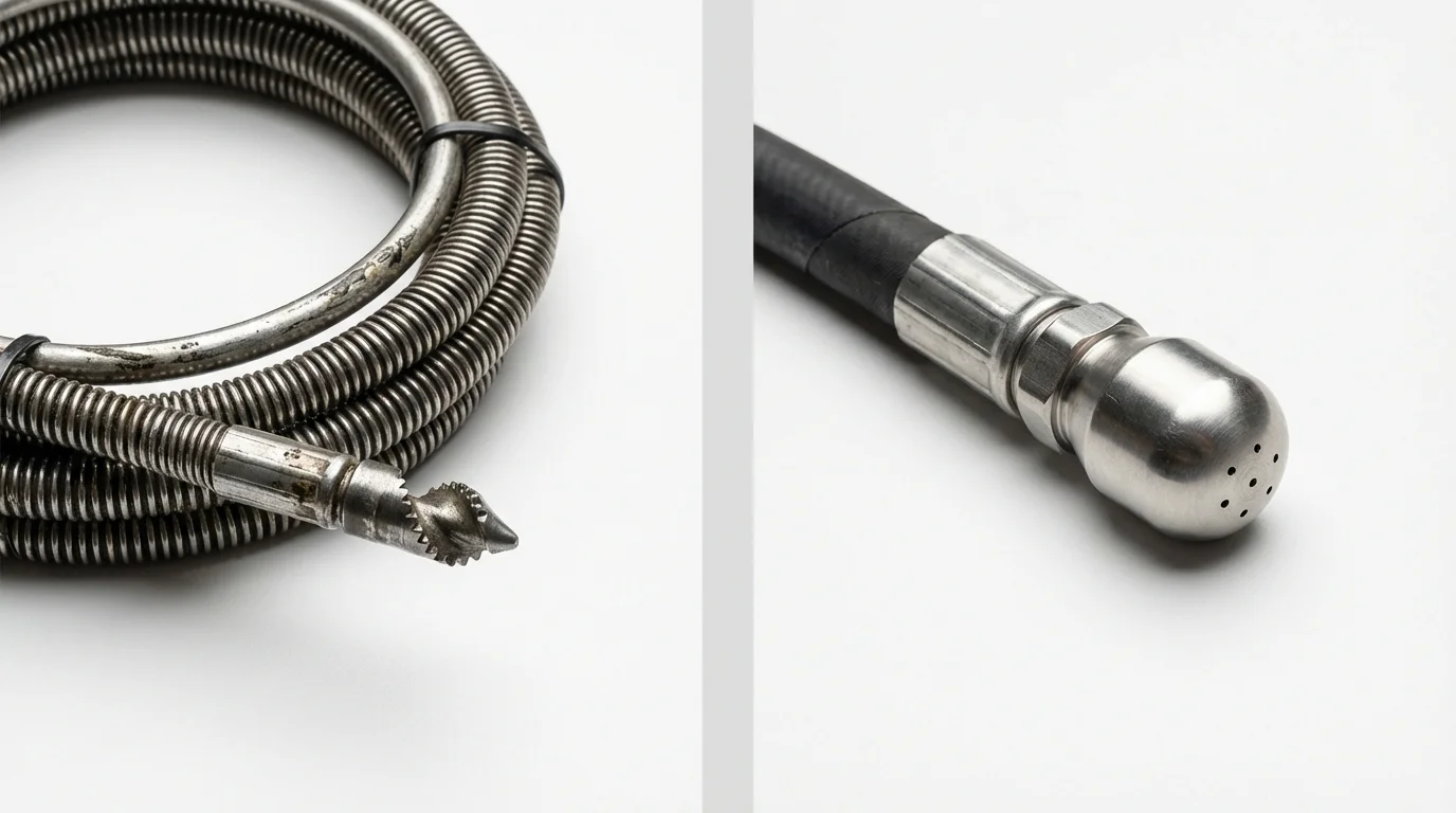 Drain snake cable and hydro jetting nozzle used for drain cleaning in West Milford, NJ
