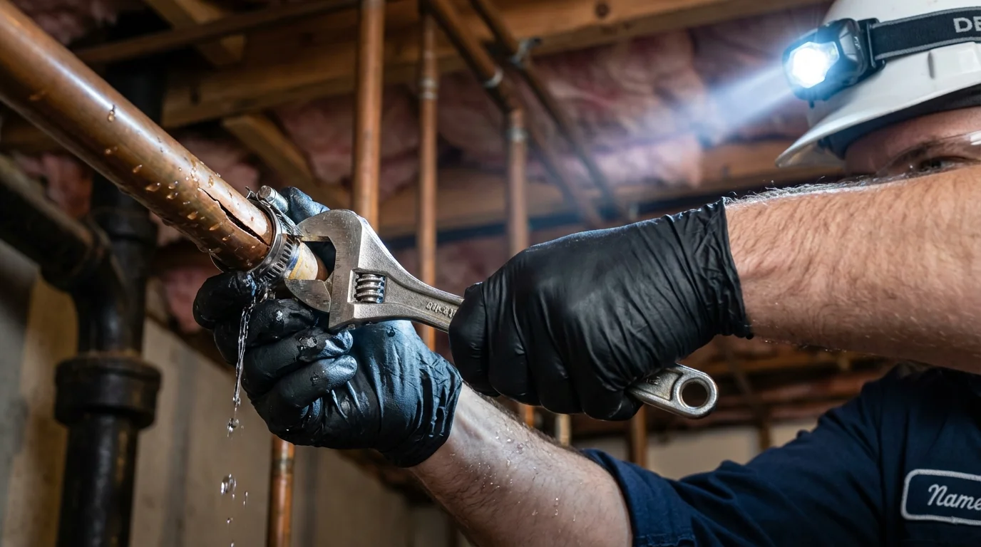 Emergency pipe clamp repair being performed by a Johns Plumbing LLC plumber in West Milford