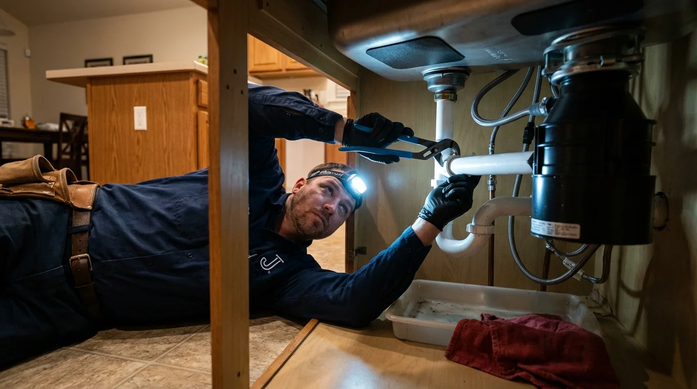P-trap and supply line connections under a kitchen sink showing a common leak point in West Milford, NJ